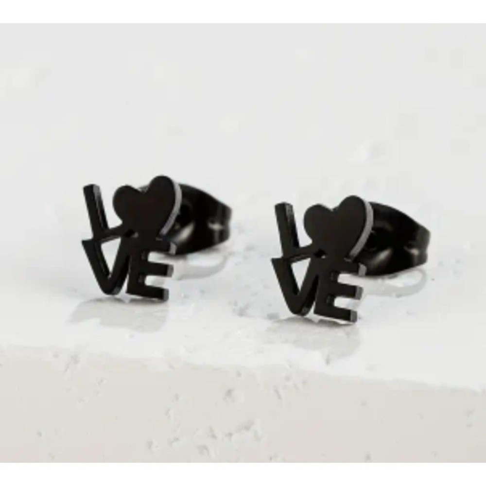 Matte Black LOVE Heart Stud Earrings Stainless Steel Minimalist Jewelry
